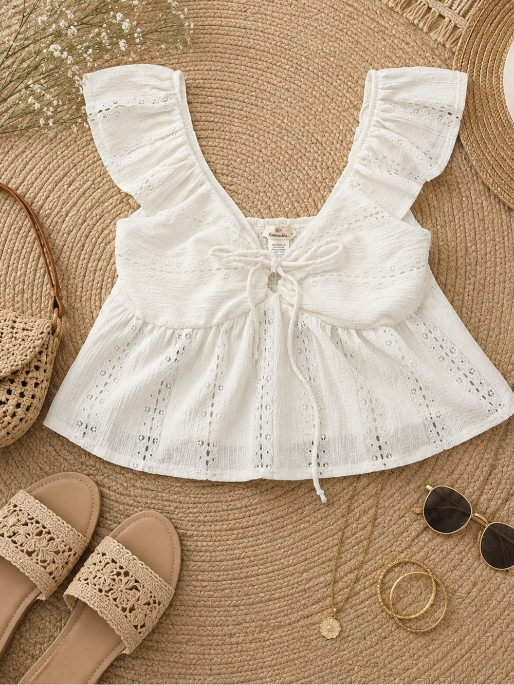 Urban Romantics White Eyelet Ruffle Peplum Tie Front Tank Top Size L